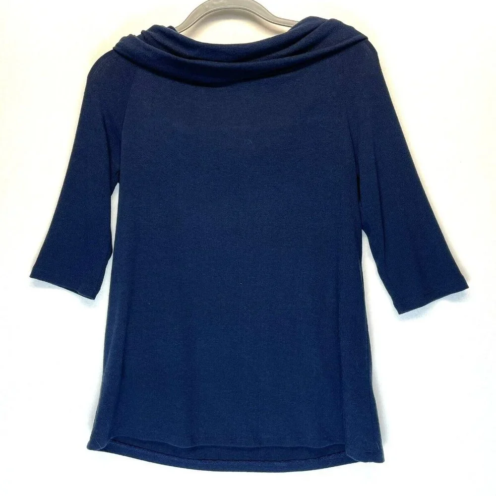 Soft Surroundings Sweater Size Medium Blue Ruched Cowl Neck Short‎ Sleeve